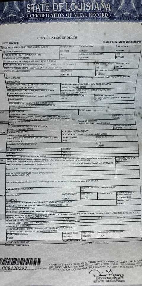 Astin O'Banion's Autopsy and Death Certificate
